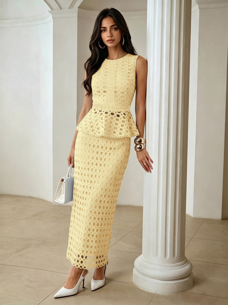French Hollow-Out Lace Spliced Camisole Top And Straight Midi Skirt 2pcs Set, Elegant Women'S Wear for Daily Commute And Dating - 【Light Yellow】