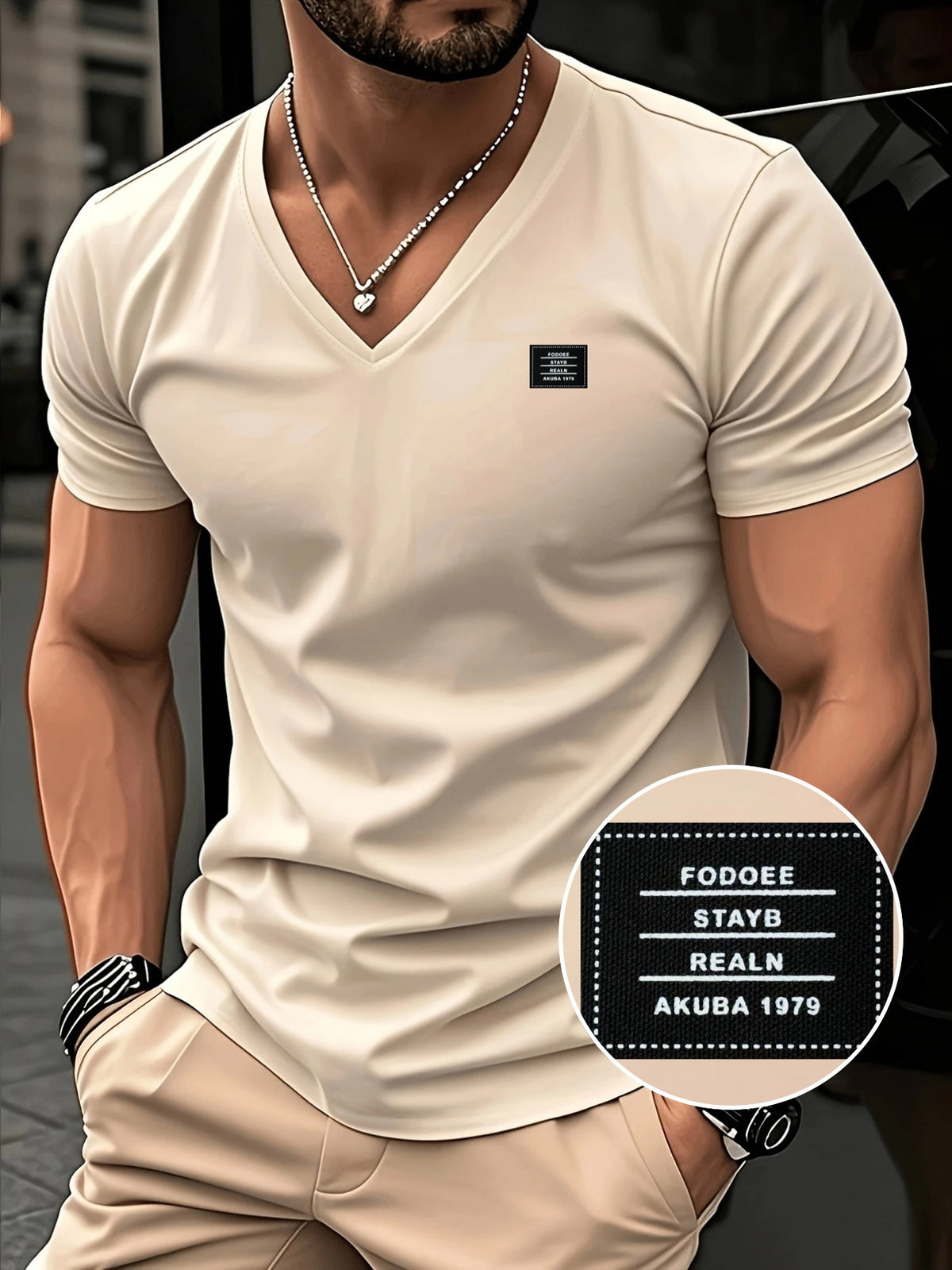 180G100C Men'S V-Neck Solid Color Short Sleeve Shirt, Placement Left Chest Patch "FODOEE" Summer Global Seasons Base Layer Factory Made Men'S Man Comfortable High Quality High - Apricot