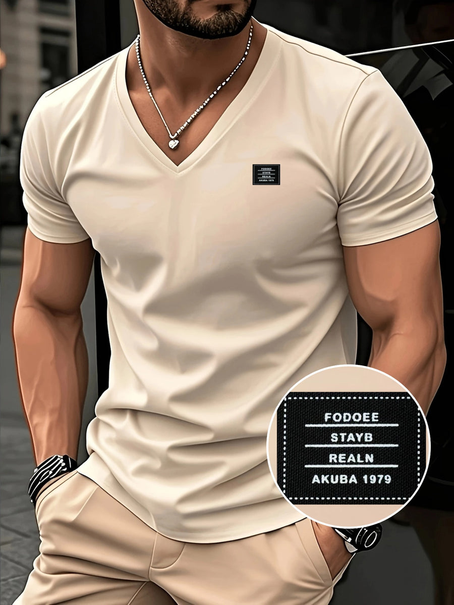 180G100C Men'S V-Neck Solid Color Short Sleeve Shirt, Placement Left Chest Patch "FODOEE" Summer Global Seasons Base Layer Factory Made Men'S Man Comfortable High Quality High - Apricot