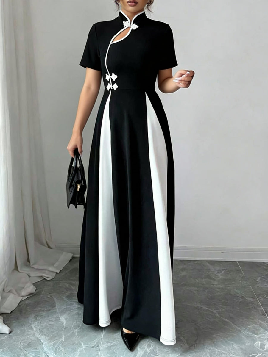 Women's Exquisite Fashionable Minimalist Daily Commute Attire Chinese-style Black and White Color Block Paneled Stand-up Collar A-line Waist-Cinched Asymmetric Design Long-length Short Sleeve Dress Bridesmaid Dress Women's - Black