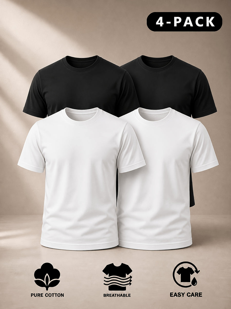 Men's 4pcs 100% Cotton Short Sleeve T-Shirts, Soft & Comfortable Crew Neck Basic Tees for Everyday Casual Wear, Layering and Travel, Father's Day Gift for Men, Available in Black, White or Mixed Black & White - 2 black 2 white mixed pack