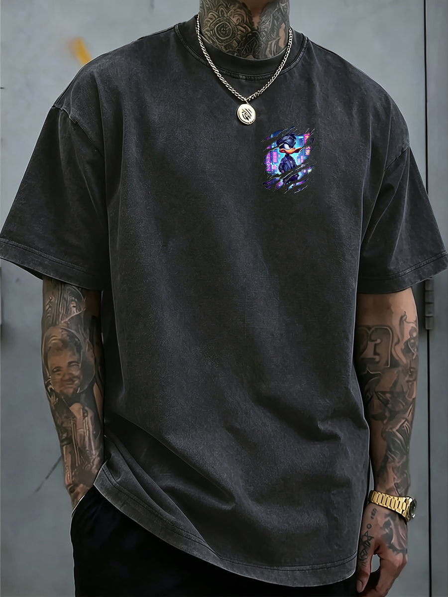 Warner Bros Official, 1pc, 100% Cotton Washed Vintage Distressed Short-Sleeve T-Shirt, American-Style Torn Paper Scratch Cyberpunk Cool Duck Streetwear Trend Top, Double-Sided Front and Back Print, Men's Casual Comfortable Versatile Loose Summer - Black