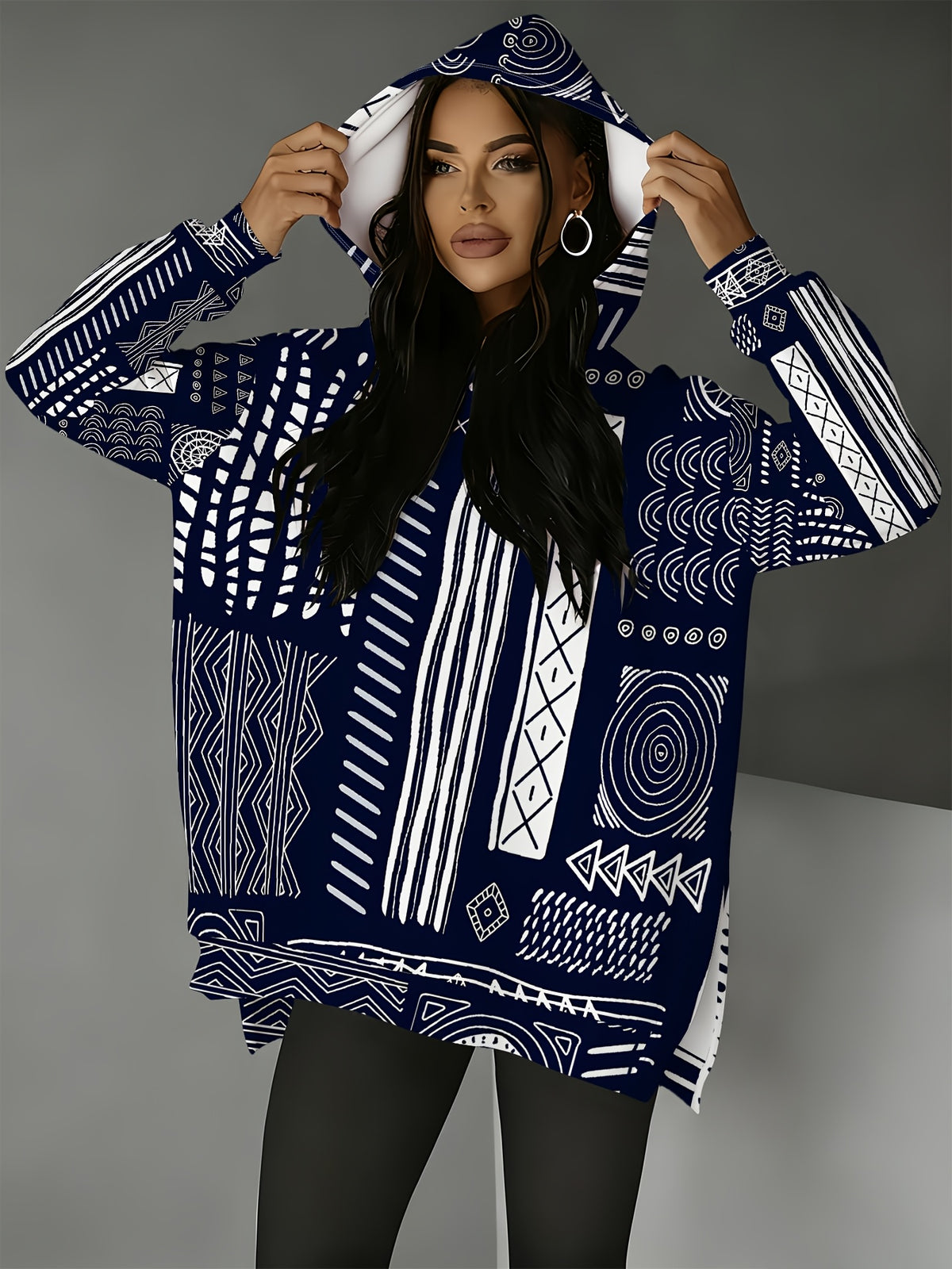 Women's Hooded Sweatshirt with Side Slit Design, Fun Pattern, Comfortable Fit, Suitable for Autumn and Winter, Navy Blue Base with White Tribal Hand-Painted Vintage Style, Relaxed Casual Top - Mixed colors