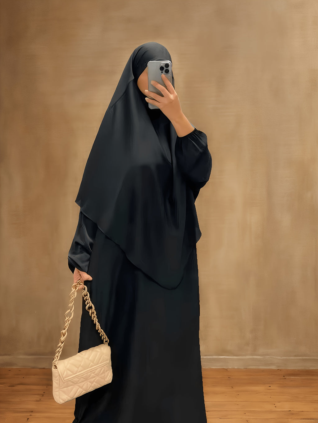 Two-Pieces Set (Khimar And Abaya) Prayer Jilbab Outfit for Muslim Women, Stylish And Elegant, Features a Solid Color, Easy Single-Layer Headscarf Khimar. Ideal for Everyday Wear, Festivals, Gatherings, And Outdoor Events. Women'S Islamic - Black