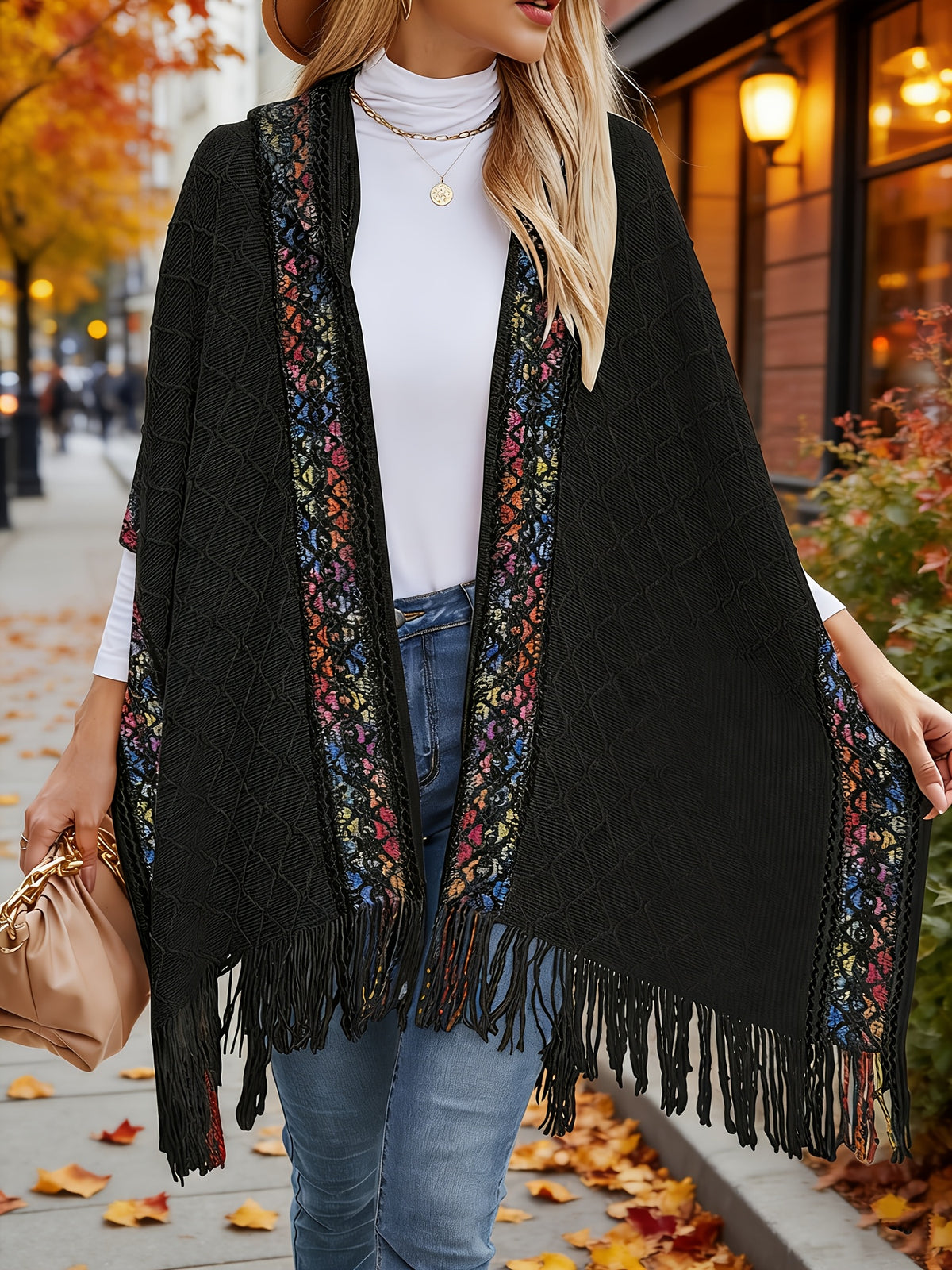 Elegant Special Edition 'Net Body Bust' Vacation Style 1pc Women's Diamond Jacquard Hooded Cape Cardigan, Vintage Ethnic Style Solid Color Tassel Fashionable Elegant European and American Style Warm Sweater Coat, Suitable for Spring, Autumn - Black