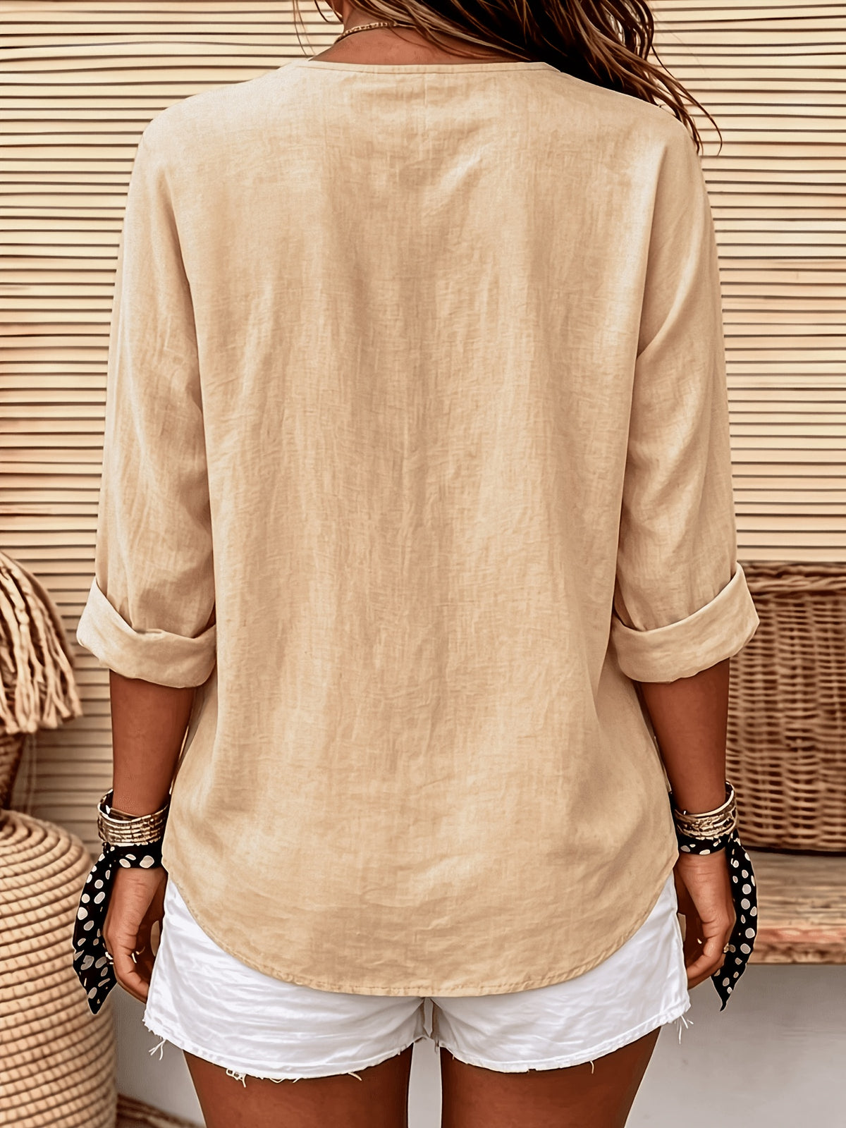 Women'S Solid Color V-Neck Long-Sleeved Shirt, Loose And Single-Breasted Casual Daily Vacation Top - Apricot