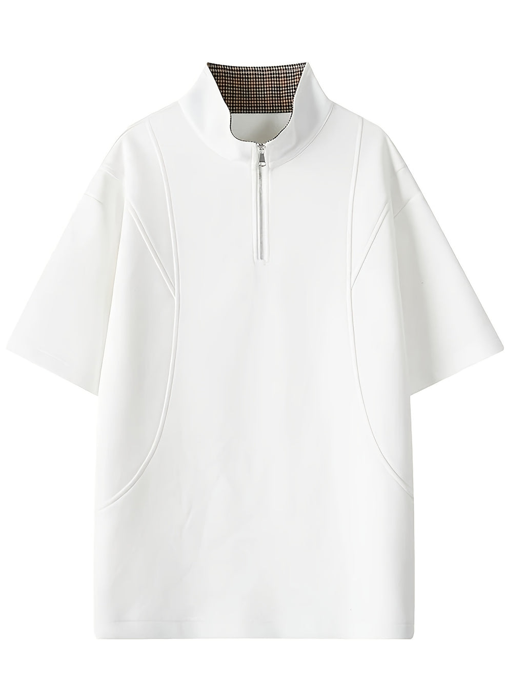 Men's Plaid Patchwork Lapel Half-Zip Short-Sleeve T-Shirt, Summer Loose Fit Casual Premium Polo Shirt - White