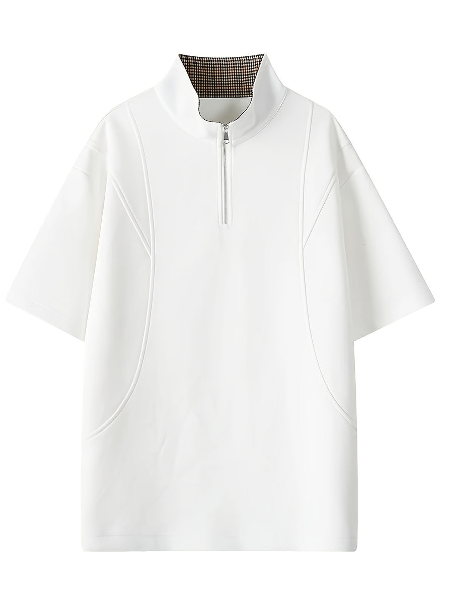 Men's Plaid Patchwork Lapel Half-Zip Short-Sleeve T-Shirt, Summer Loose Fit Casual Premium Polo Shirt - White