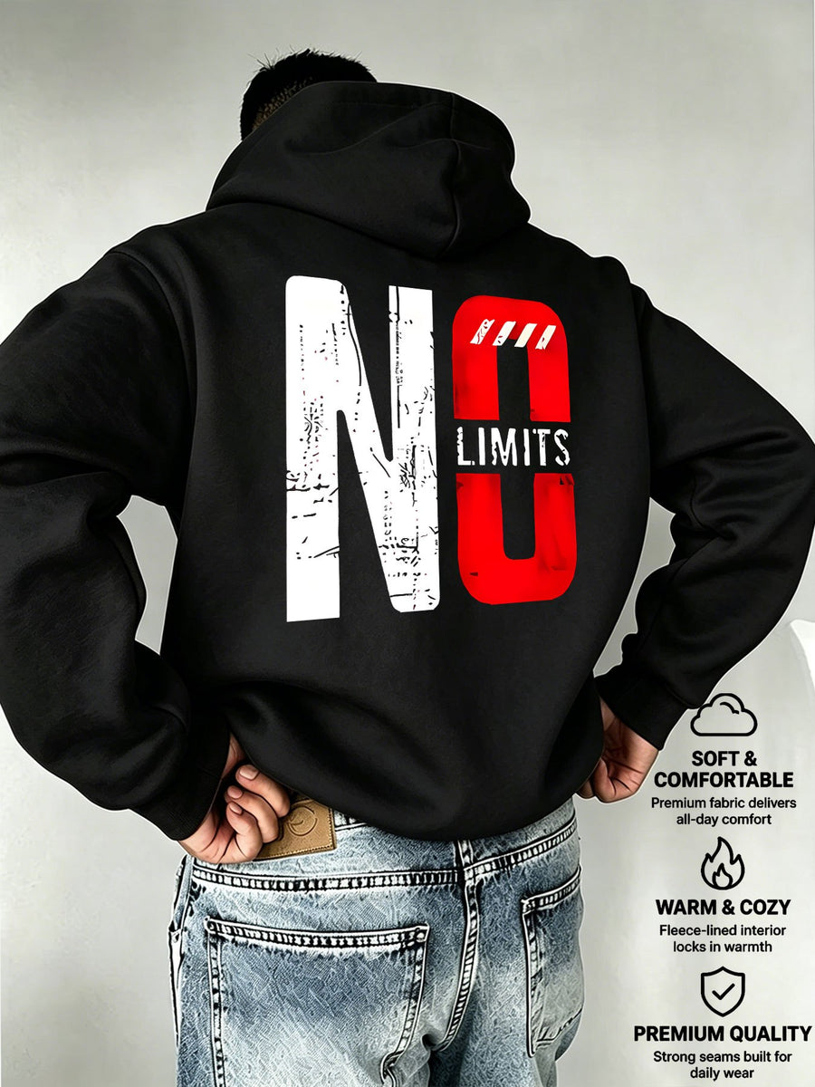 Men's Oversized Hooded Sweatshirt with NO Contrast Color Bold Letter Print, European and American Street Style Casual Sweatshirt - Black