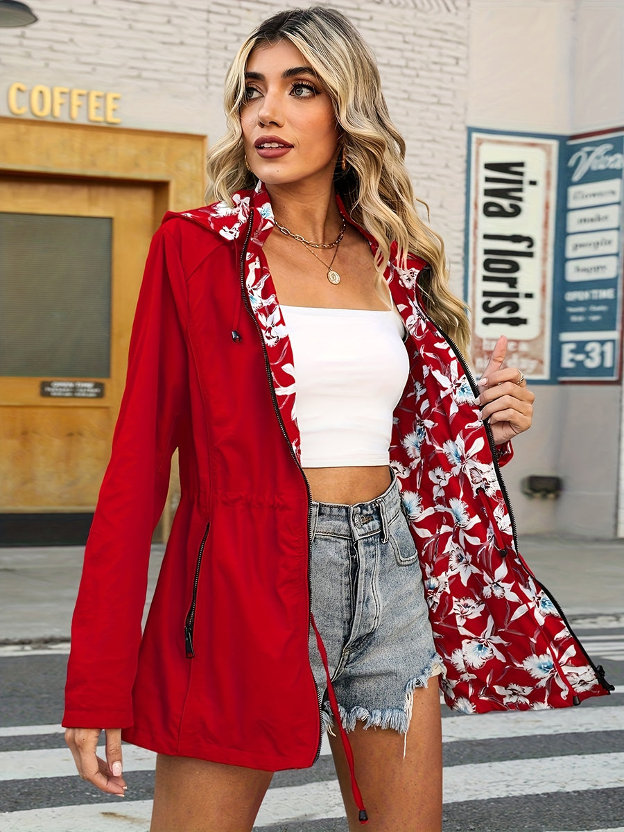 Double-Sided Jacket Women'S Spring And Autumn, Two-Sided Wear, Casual Hooded Jacket, Versatile Lightweight Print (Wash Label Size Label Inside Pocket) - Red