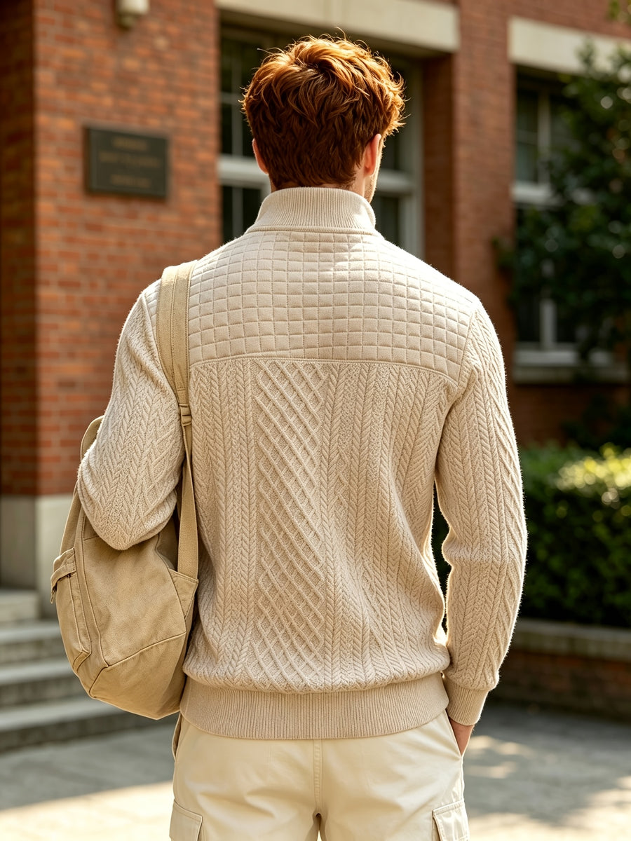 [Josh Mei OBM] Preppy Casual Style Men'S Jacquard Texture Henley Collar Long Sleeve Pullover, Diamond Check Patchwork Design with Ribbed Cuffs And Hem, Stretchy Skin-Friendly Slim Fit Fall Winter Versatile Style - Khaki