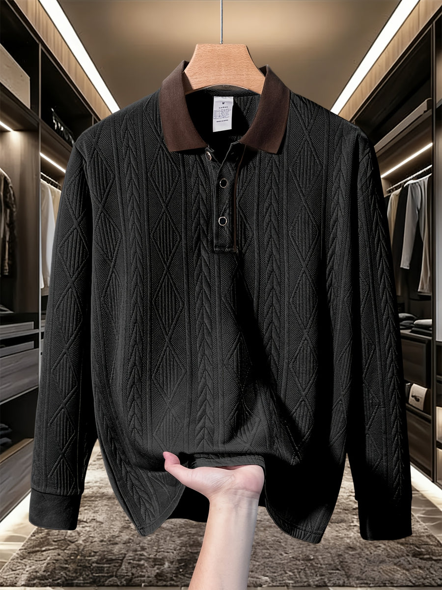 Men'S Fashion Long Sleeve Polo Shirt | Premium Contrast Collar Jacquard Design T-Shirt | Essential Golf Polo Wear | Breathable Warm And Skin-Friendly Comfort | Indoor Gatherings And Outdoor Sports | Wardrobe Essential Casual Vacation Trendy Style | - Black