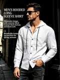 Men's Hooded Long-sleeve Shirt with a Unique Drawstring Hood Design, Breathable Fabric, and a Loose, Comfortable Fit, a Simple and Versatile Top for Casual Attire - White