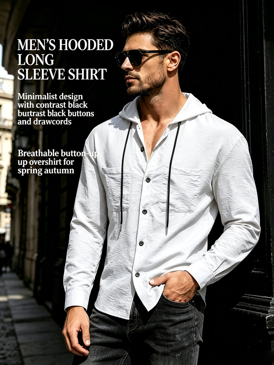 Men's Hooded Long-sleeve Shirt with a Unique Drawstring Hood Design, Breathable Fabric, and a Loose, Comfortable Fit, a Simple and Versatile Top for Casual Attire - White
