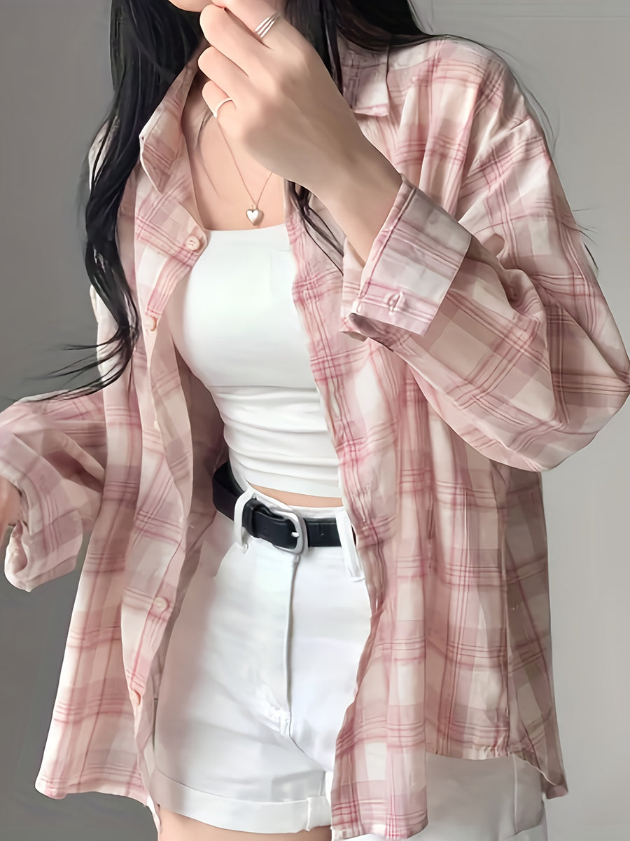 Women's Casual Plaid Shirt - Korean-Inspired Oversized Long Sleeve Button-Up with Checkered Pattern, Lightweight Breathable Fabric for Spring/Summer, Machine Washable Loose Fit Blouse, Summer Outfit, Soft Texture, Buttondown Top, Adults - Pink Color