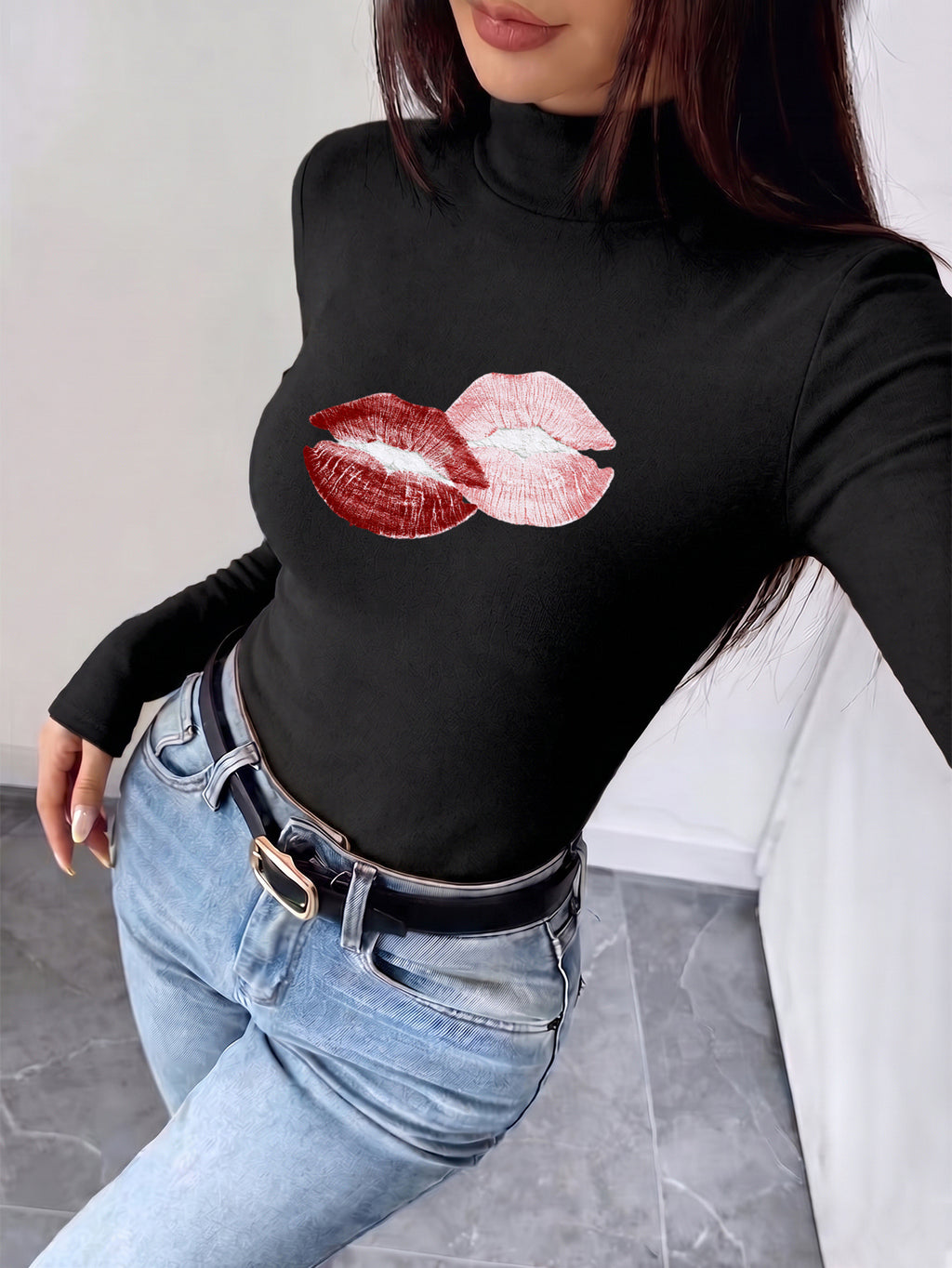 Women'S 2026 New Fashion Half-Neck Long Sleeve Bodycon Top, Casual Texture Fall Winter Style, Essential Base Layer for Fall Winter, Slim Sexy Comfortable Warm "Red Lip Print Pattern" - Black