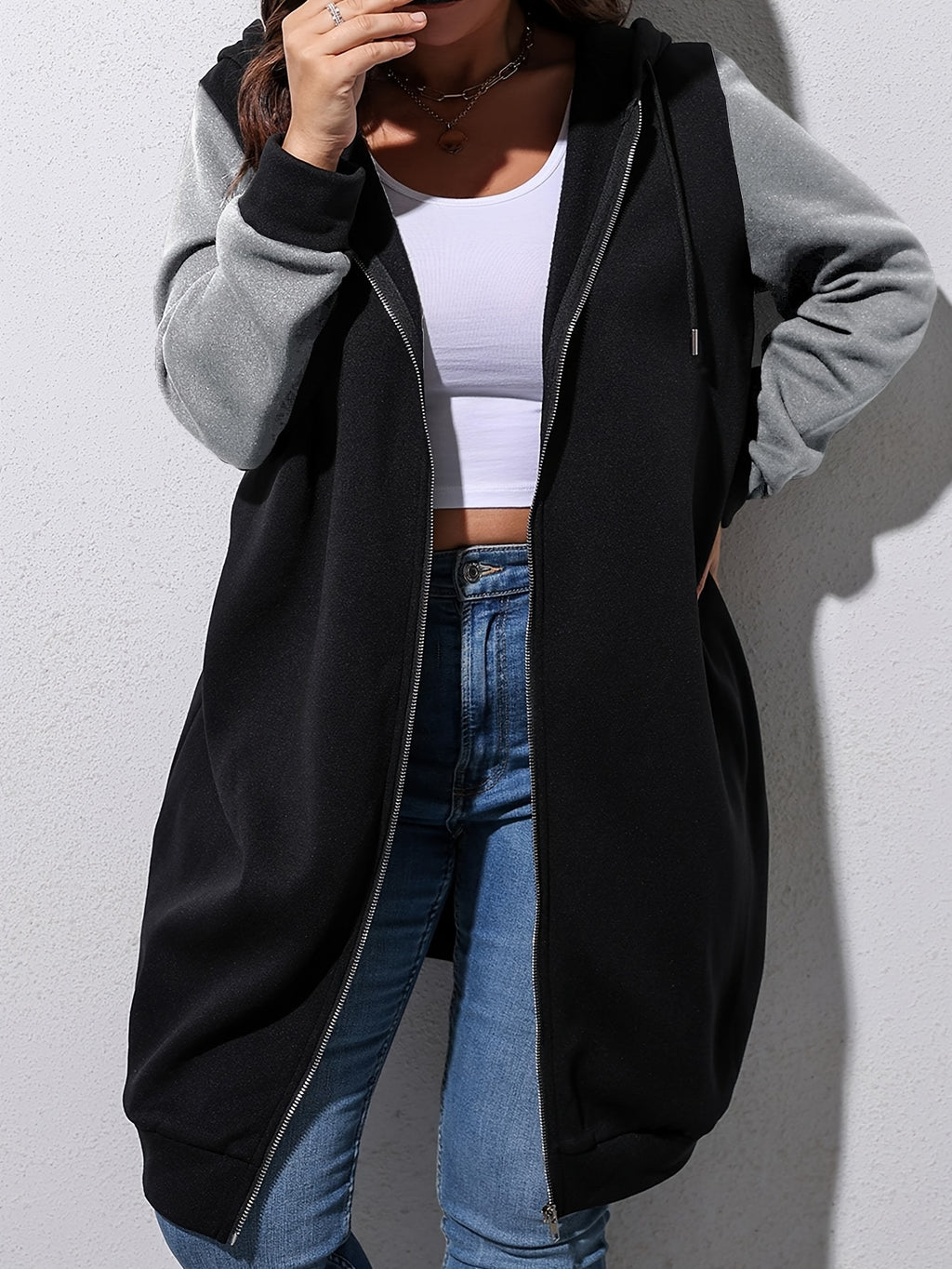 Plus Size Women'S Fashion Color Block Hoodie Coat - Mid-Length Stylish Jacket Perfect for Autumn & Winter Outfits - Black Gray