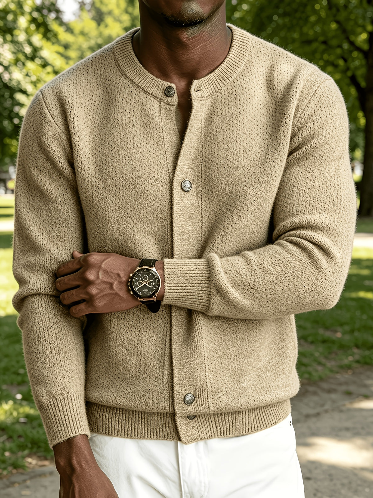 Men's Classic Button-Front Cardigan - Stretch Knit Button-Up with Solid Color, Warm Winter Outerwear Suitable for Daily, Office & Weekend Wear, Belt-Free Regular Fit for - Layering - Clip Flower Coffee