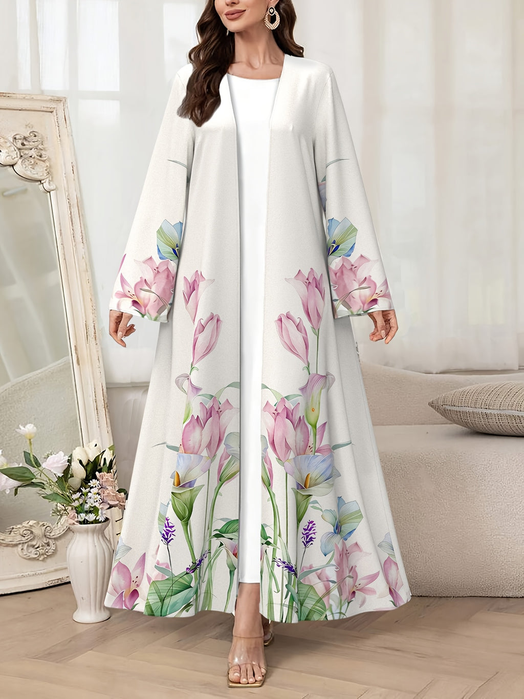 Dubai Muslim Abaya for Women - Fashionable Floral Print Loose Long Cardigan, Elegant Outerwear Dress - Multicolor