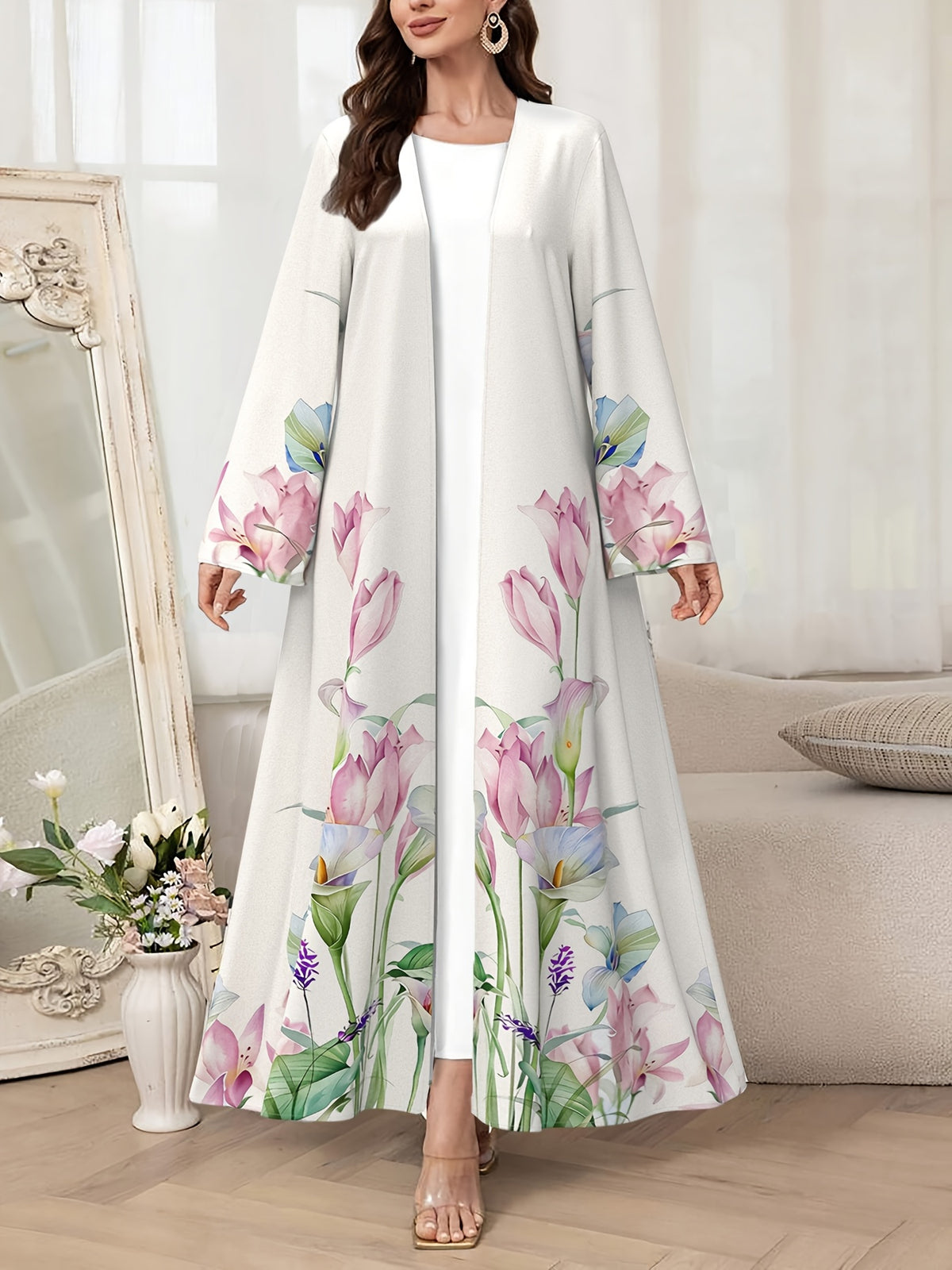 Dubai Muslim Abaya for Women - Fashionable Floral Print Loose Long Cardigan, Elegant Outerwear Dress - Multicolor