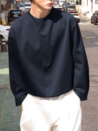 Men Casual Tops Solid Long Sleeve Crew Neck Zip-up Loose Thin Outdoor Formal Work Leisure Shirt, Chinese Size, Please Check The Size Guide Carefully - Navy Color