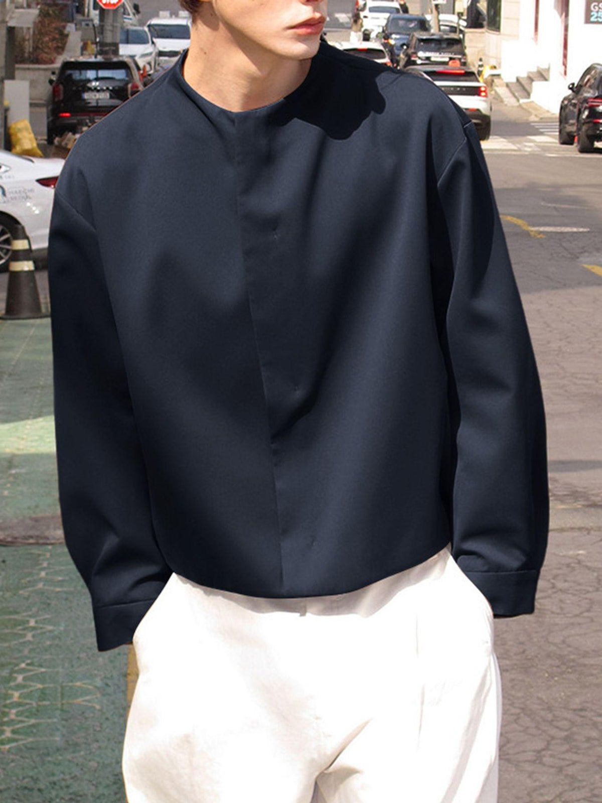 Men Casual Tops Solid Long Sleeve Crew Neck Zip-up Loose Thin Outdoor Formal Work Leisure Shirt, Chinese Size, Please Check The Size Guide Carefully - Navy Color