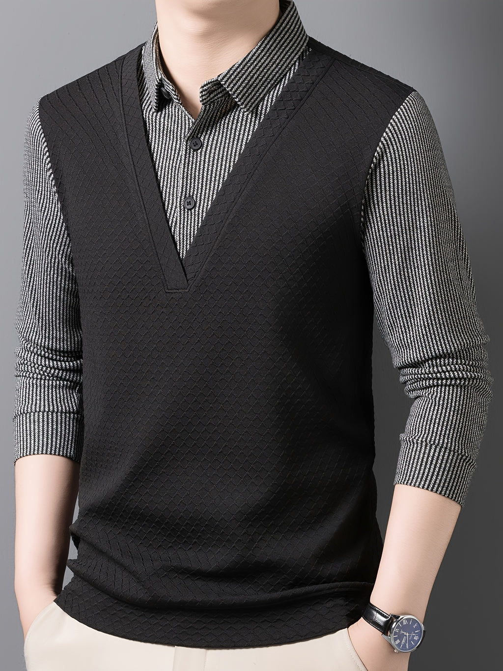 New Spring And Autumn Square-Neck Pullover for Men, a Business Casual Top for Middle-Aged Dads, Skin-Friendly And Comfortable, Made of Soft Fabric, Regular Fit Clothing 1119 - Black