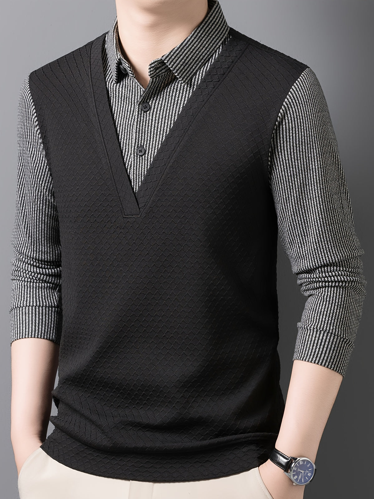 New Spring And Autumn Square-Neck Pullover for Men, a Business Casual Top for Middle-Aged Dads, Skin-Friendly And Comfortable, Made of Soft Fabric, Regular Fit Clothing 1119 - Black