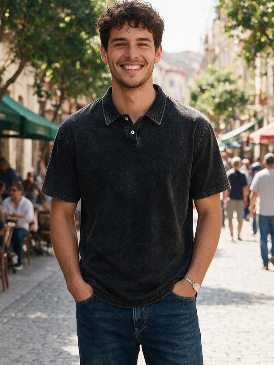 240G Heavyweight Combed Pure Men'S POLO Shirt Easy Retro Washed Loose Lapel Short Sleeve Skin-Friendly Temperament Autumn Summer Daily Commute Casual Top - Black