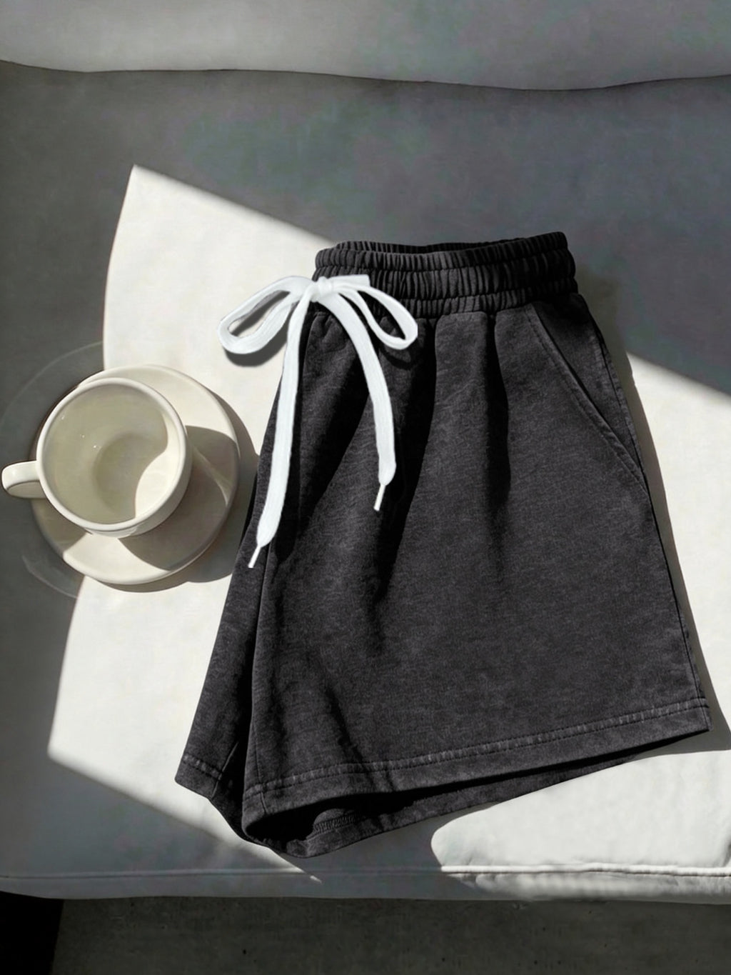 Solid Color Soft and Fluffy Fabric Women's Casual Drawstring Shorts - Deep Grey