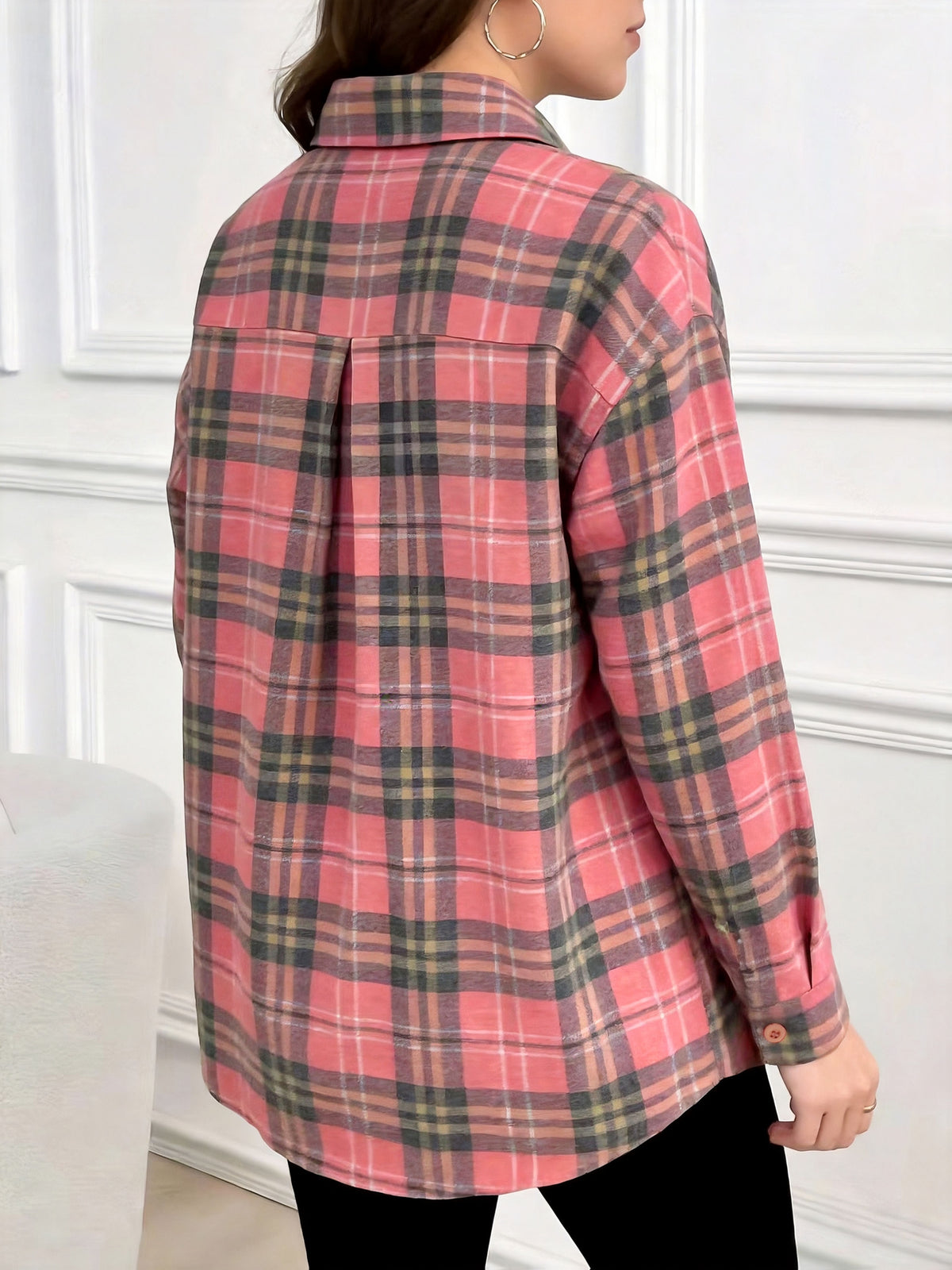 New Women'S Plaid Pattern Button-Pocket Casual Long Sleeve Shirt - Classic Versatile Casual Comfortable All-Season Elegant Shirt - Peach