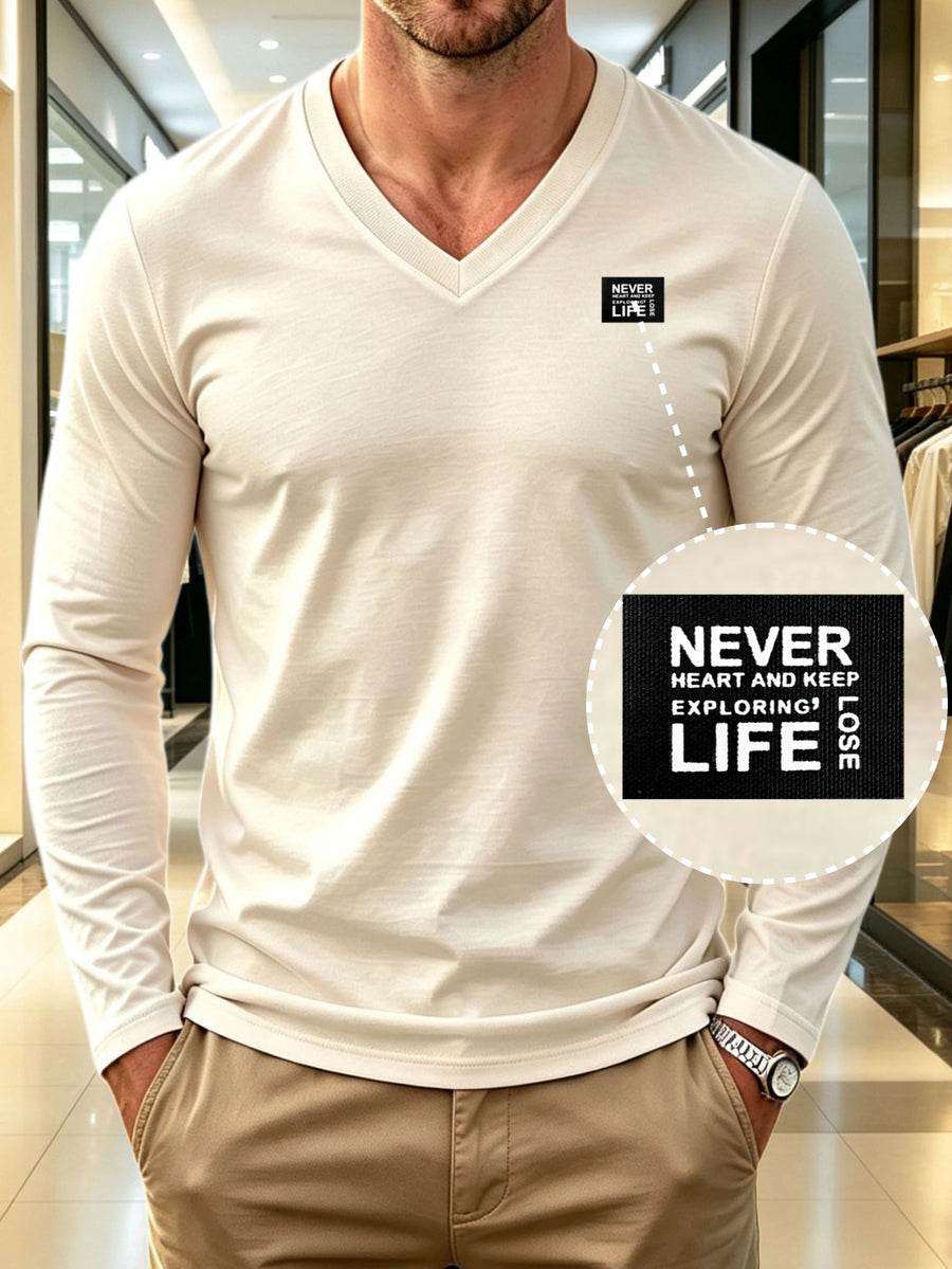 100%, Men'S V-Neck Long Sleeve Short-Sleeve T-Shirt, Men'S Knit Sweatshirt, Casual Sports Outdoor Top, Men'S Casual All-Match T-Shirt, Back to School Season, Gift for Friends - Apricot2
