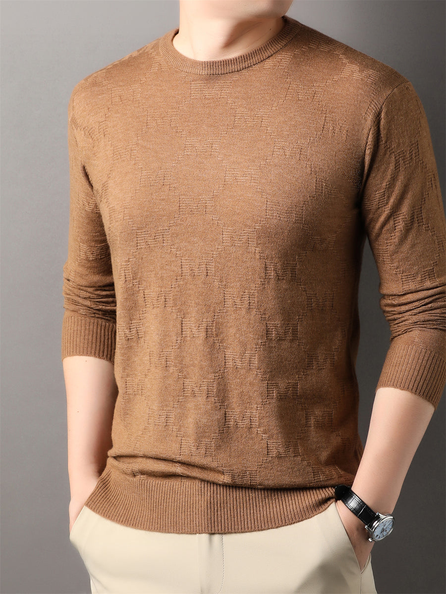 Autumn Winter Knit 3D Solid Round Neck Sweater, Basic Knit Pullover Top, Men'S Fashion Long Sleeve Sweater, Mon-J - Caramel