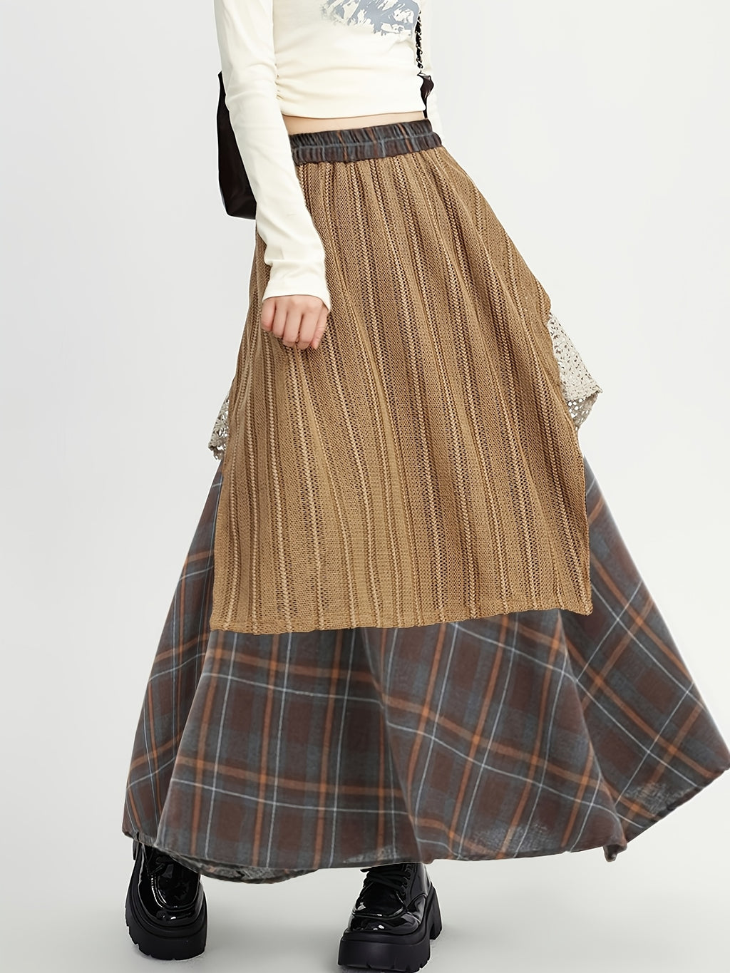 Autumn And Winter Midi Skirt Ankara Red Ethnic Style Women'S Elastic Waist Long Skirt Patchwork Irregular Color Block A-Line Skirt - 【Brown】