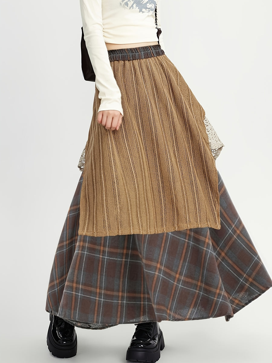 Autumn And Winter Midi Skirt Ankara Red Ethnic Style Women'S Elastic Waist Long Skirt Patchwork Irregular Color Block A-Line Skirt - 【Brown】