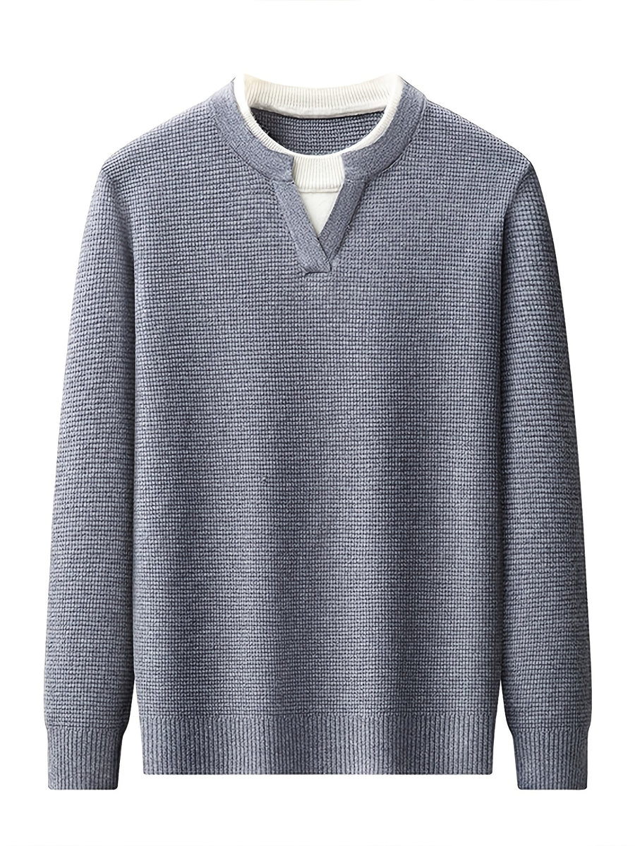 Men'S Waffle Fake Two-Piece V-Neck Knit Long Sleeve Top, Burgundy And White Contrast, Focus on Atmospheric Autumn Casual Wear - SINBOS - 【Light Grey】