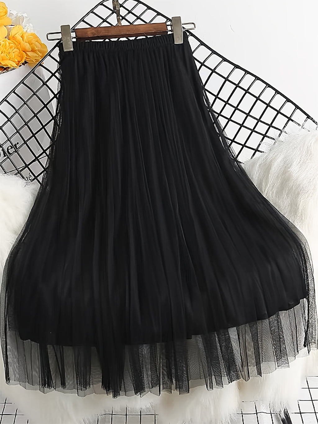 Mesh Skirt Women'S Spring And Autumn Korean Style Temperament A-Line Covering Hip Pleated Skirt Drape Small Person Yarn Skirt - Black