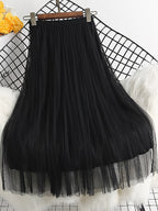 Mesh Skirt Women'S Spring And Autumn Korean Style Temperament A-Line Covering Hip Pleated Skirt Drape Small Person Yarn Skirt - Black