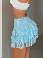 Women's Sexy Low Waist Flared Mini Skirt, Sheer Lace Trim, Party & Night Out, Breathable Fabric - Sea Salt Blue