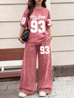 American College New Jersey 93 Number Pattern Print, Women'S 2Pcss Set, Women'S Retro Washed Fabric Loose Casual Round Neck Short Sleeve T-Shirt And Elastic Waist Drawstring Retro Washed Casual Athletic Long Pants Women'S 2Pcss Set - Red+Red