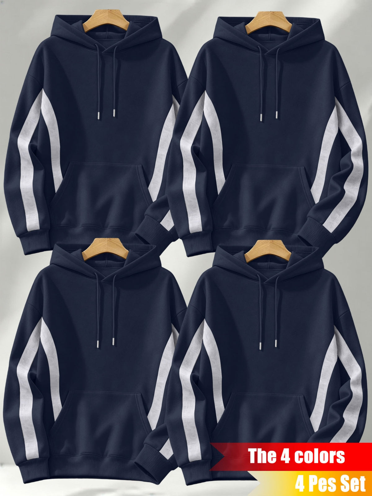 4pcs Set: Autumn/Winter Men's Pullover Hooded Sweatshirt with Diagonal Contrast Color Line Cut on Sleeves, Street Style Top. Features Adjustable Drawstring and Large Kangaroo Pocket for Storing Phones and Small Items. Made of Skin-Friendly - Navy Blue+Navy Blue+Navy Blue+Navy Blue