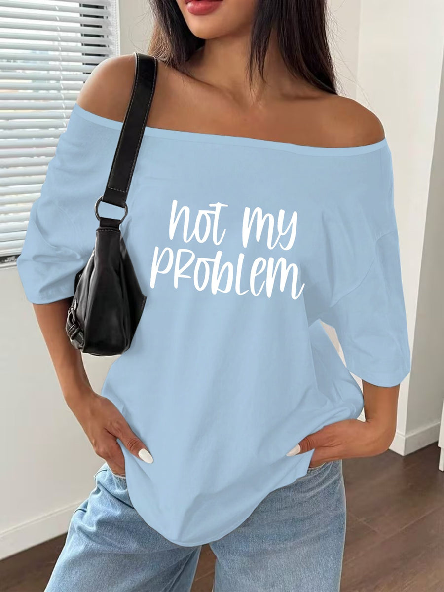 Women's Off-Shoulder Short Sleeve T-Shirt - Breathable Stretch Fabric Oversized Loose Fit Top with Off-Shoulder Neckline & Lettering Print, Soft Suitable for Spring Summer Beachwear, Casual Blouse for Layering - Blue