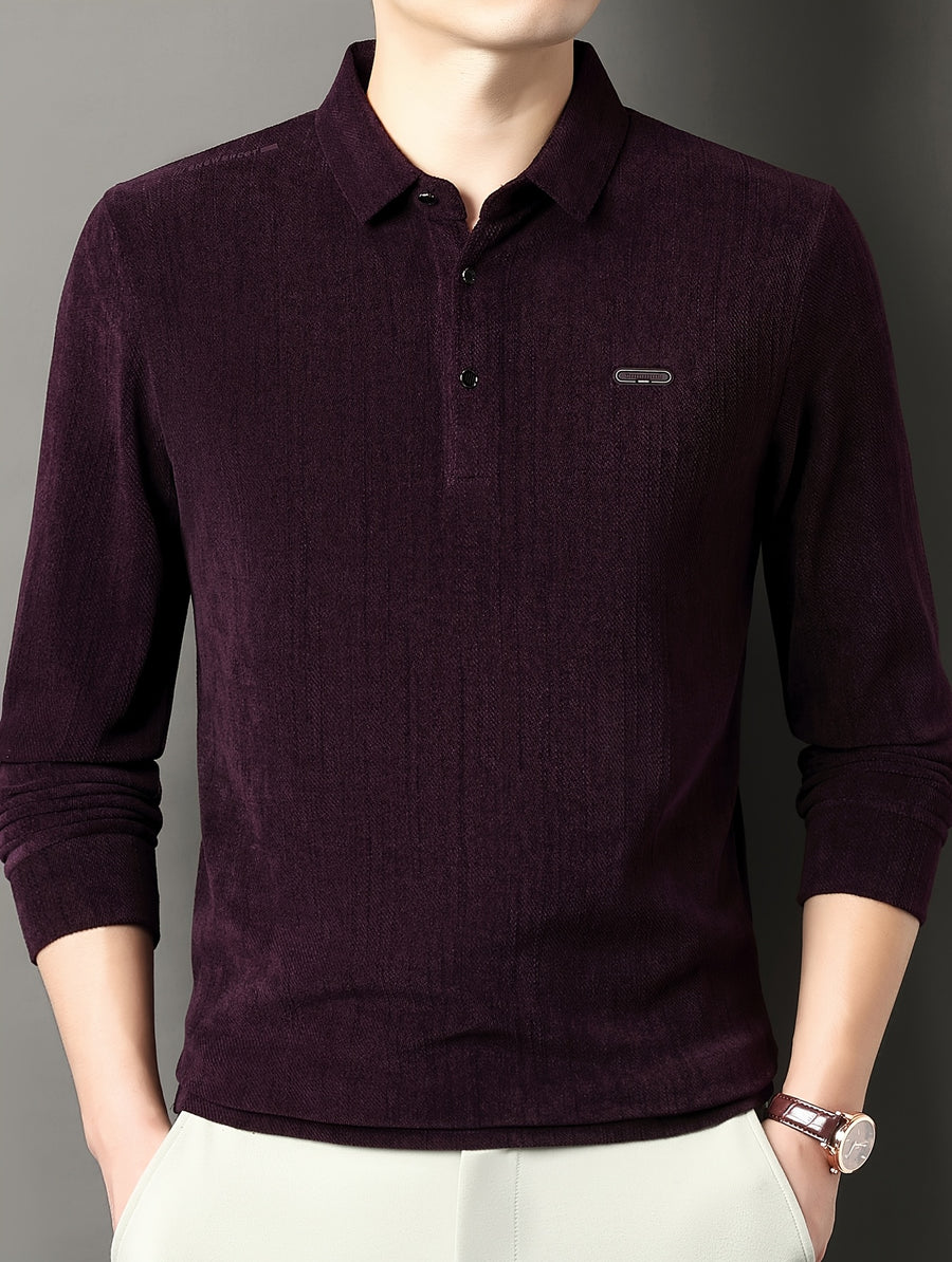Men's Spring/Autumn Lightweight Knitted Long-Sleeve Polo Shirt with Vertical Stripe Texture, Lapel Collar, Three-Button Placket, Business Casual Versatile Base Layer Top for Middle-Aged Men - Burgundy