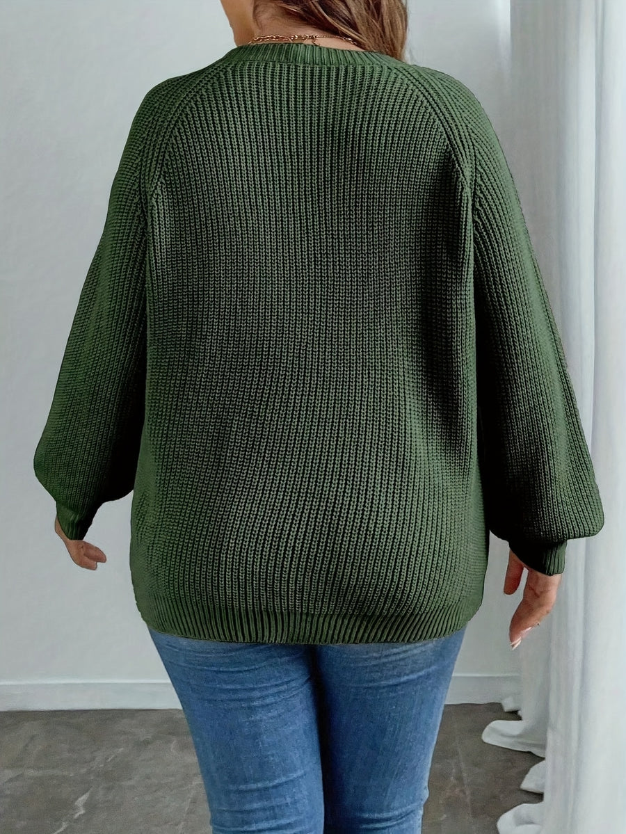 Elegant Long Sleeve Autumn/Winter Sweater with Butterfly Pattern | Crew Neck, Solid Color - Olive Green