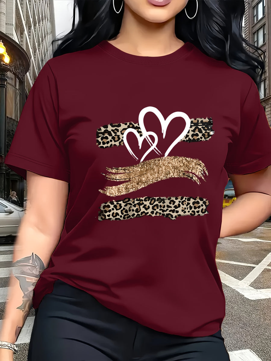 Leopard Print Heart Glitter-themed Pattern Print, Fashionable Breathable T-shirt, for Family Travel,, Casual S, Daily Commutes, Matching Outfits for Sisters, Versatile T-shirt 30057 - Red