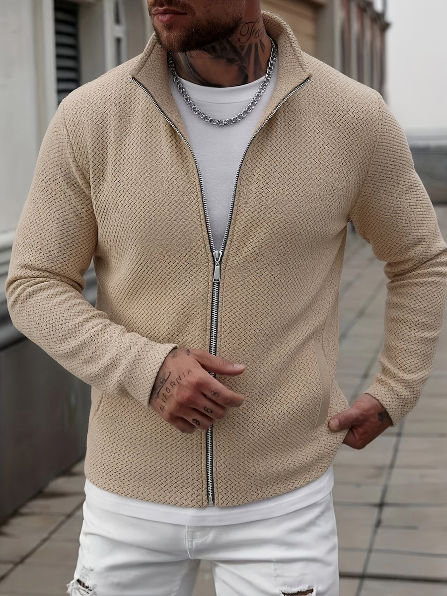 Men's Full-Zip Jacket with Herringbone Patchwork Collar & Stand Collar - Loose Fit Winter Coat, Zippered Outerwear Suitable for Fall/Winter, Machine Washable Warm Jacket for Casual Wear and Layering - Apricot