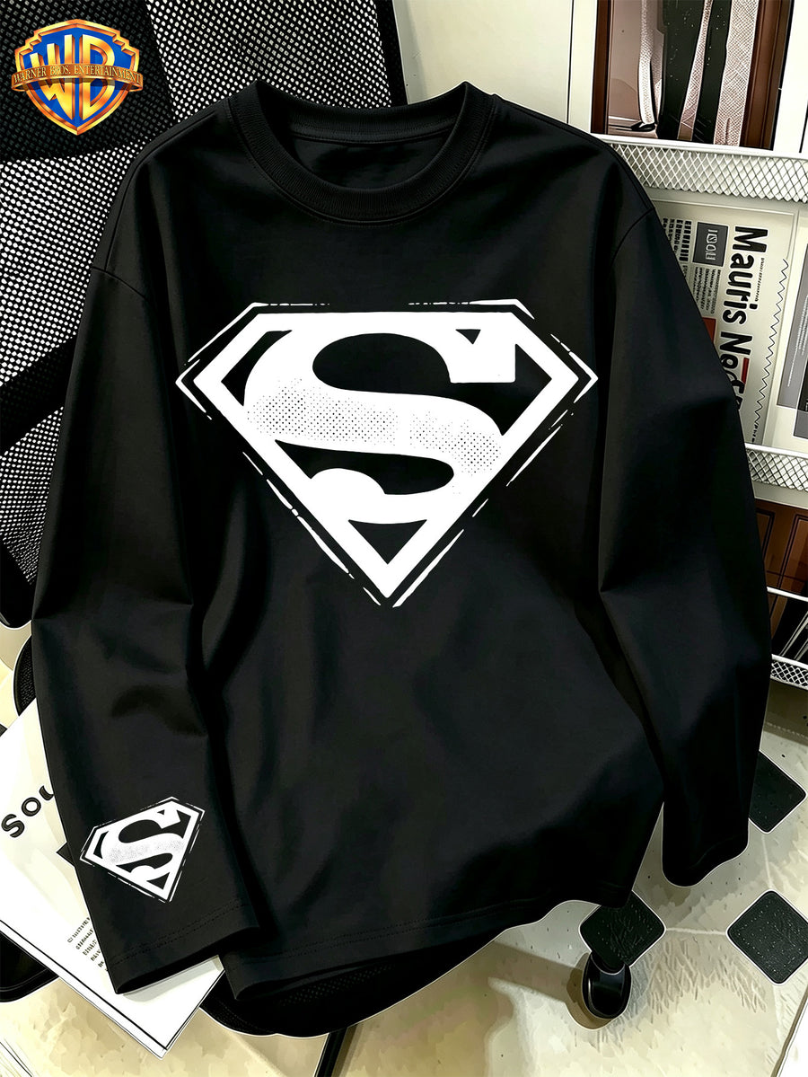 Warner Bros. Official Superman "S" Logo Classic Cartoon Print, Autumn/Winter Crew Neck Long Sleeve, Stylish Multi-functional Men's Apparel, New Casual Loose-Fit Breathable Outdoor Sport Top, Suitable for Daily Outdoor Sports and Gym Wear - Black