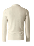 Autumn Men's Ribbed Long-Sleeve Polo Shirt with Print, Half-Zip Lapel, Slim Fit, Breathable T-Shirt - Khaki