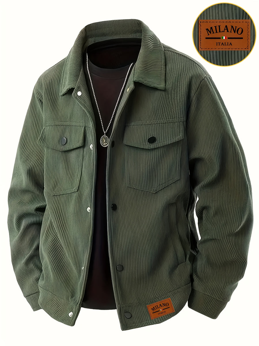 Meixishao OBM Autumn/Winter Solid Color with Random Print, Simple Encounter with Avant-Garde Cross-Border Fashion Jacket, Vintage Style Lapel Men's Corduroy Workwear Jacket Winter Clothes for Men - fern green