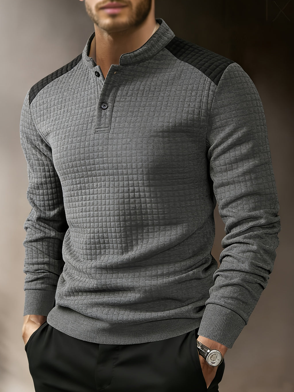 Men's Autumn Stand Collar Button-Up Polo Shirt - Textured Button-Front Placket & Half-Door Collar, Long Sleeve Suitable for Daily Wear, Casual Button-Polo for Weekend Outfits, Gift for Boyfriend/Husband, Hand Washable (Regular Fit) - Dark Gray